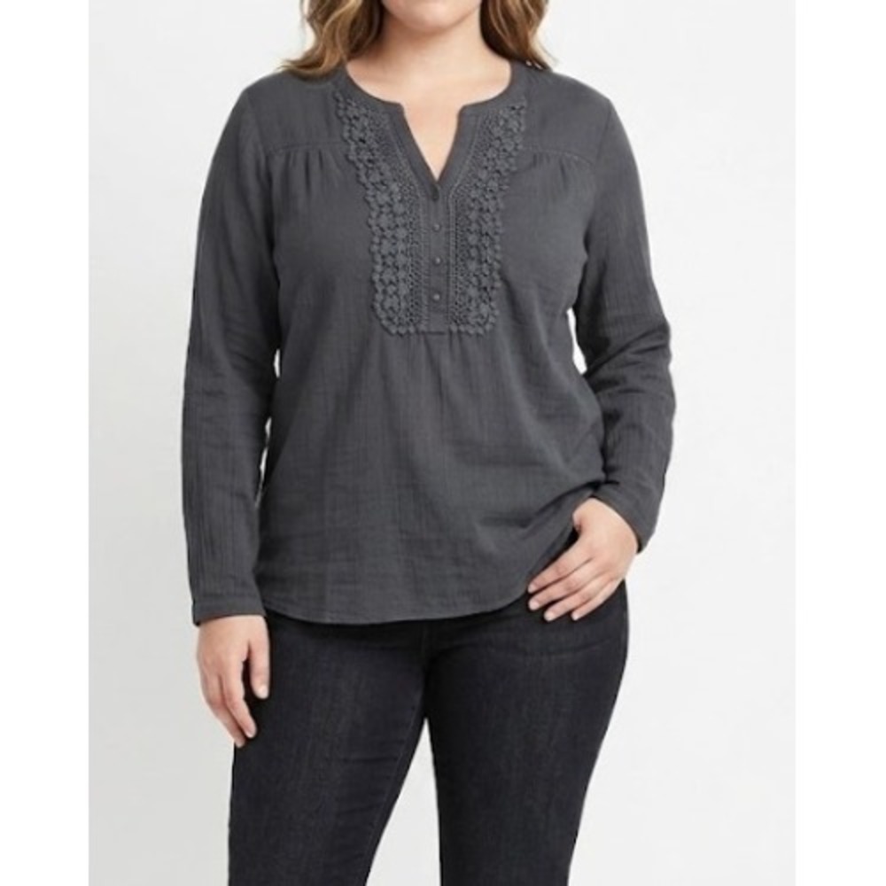 New Eddie Bauer Crochet Lace Trim Blouse XL Gray Boho Long Sleeve Cotton Top